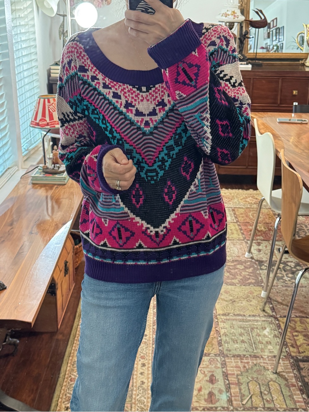 Flying Tomato Geometric Crewneck Sweater in Purple, Pink, Teal Size L